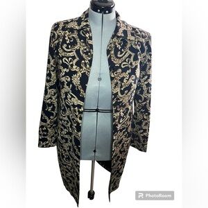 Black gold vintage artsy geometric jacket button down work office dress coat Med